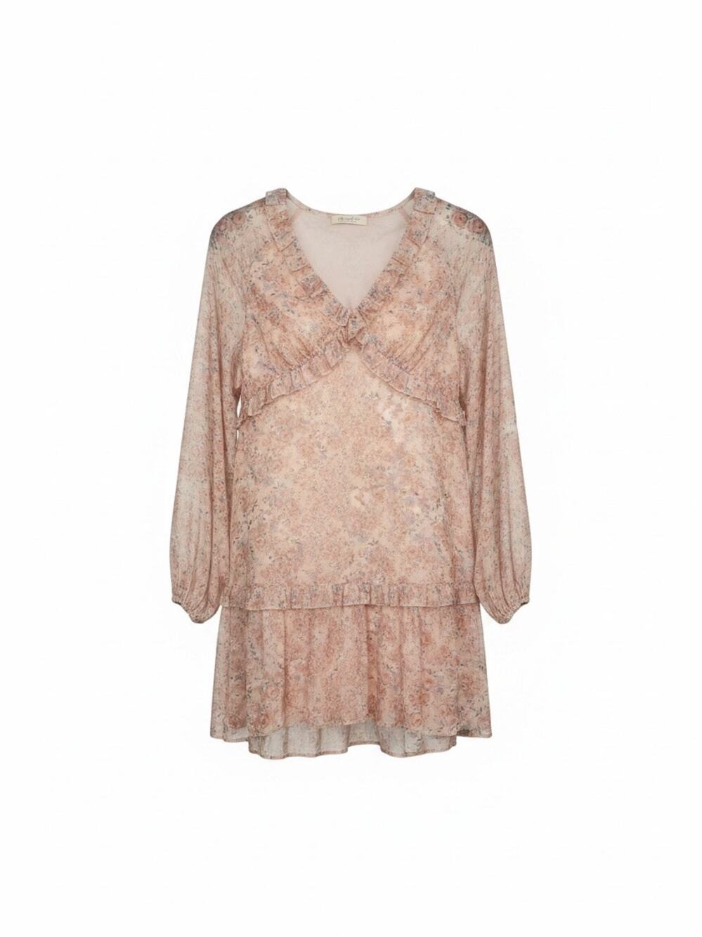 Doe & Rae S Pink Floral Chiffon Long Sleeve Ruffle V-Neck Tiered Mini Dress NWOT
